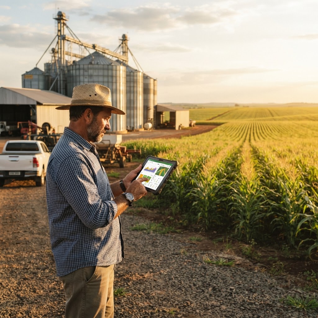 Fazenda de grãos combinando paisagem rural e tecnologia administrativa, com produtor segurando tablet em frente a silos e lavoura de milho