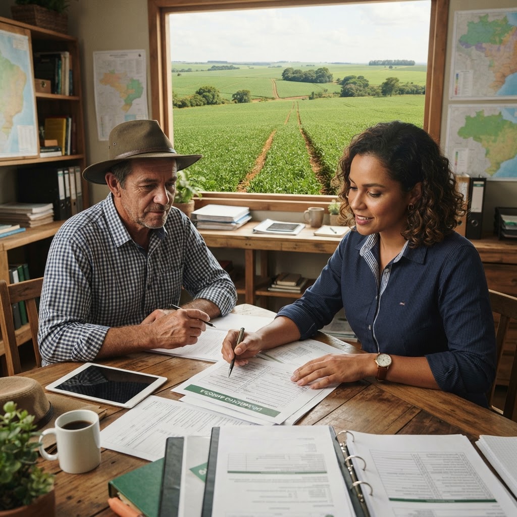 Consultor do agronegócio e produtor analisando checklist e documentos em mesa de escritório de fazenda com janela ampla mostrando o campo