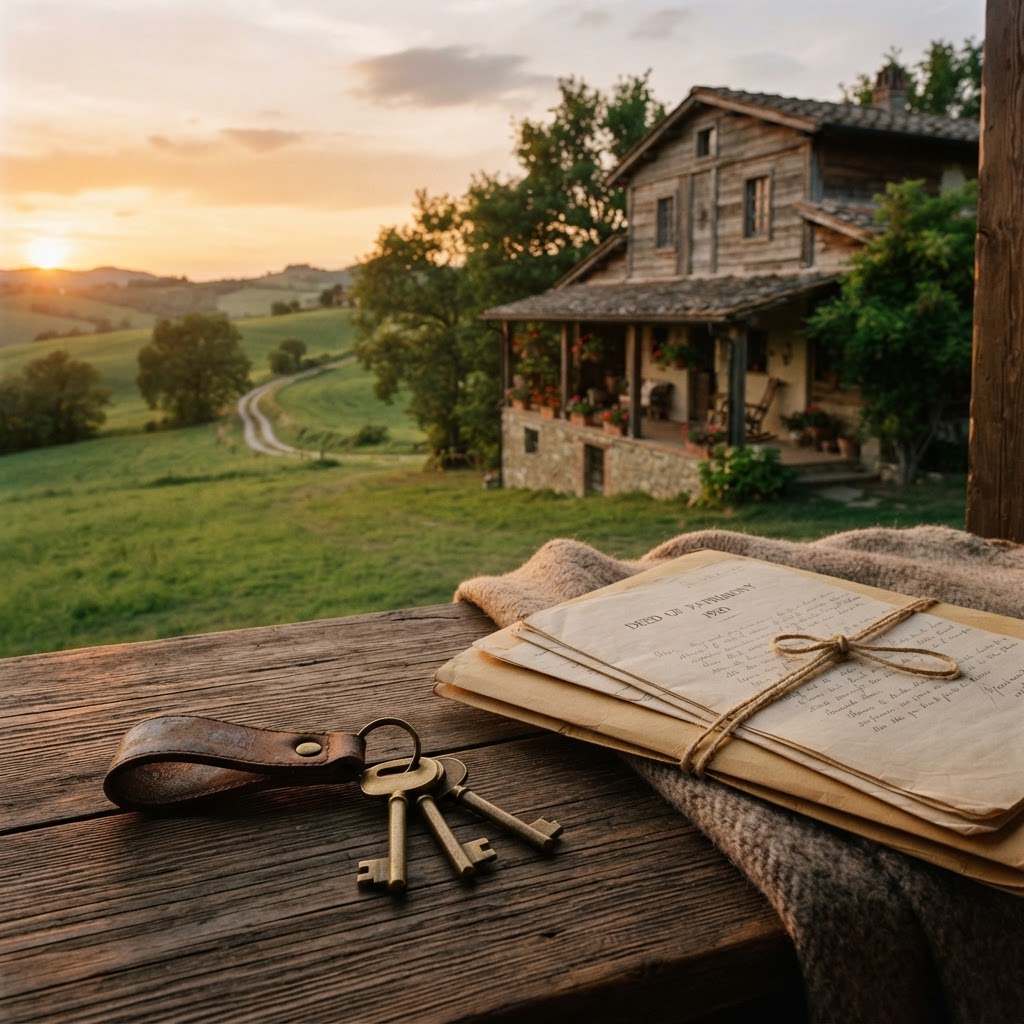 Casa de fazenda de madeira com varanda e pastos verdes ao pôr do sol, com chaves e pasta de documentos em primeiro plano, representando patrimônio rural