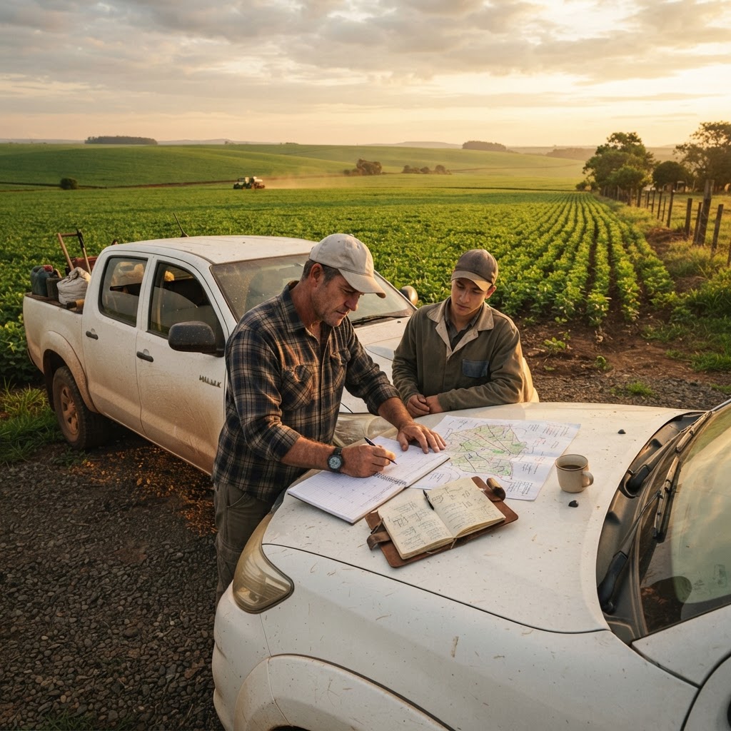Gestor rural planejando com calendário, mapas e caderno na capota de caminhona à beira de lavoura verde ao amanhecer
