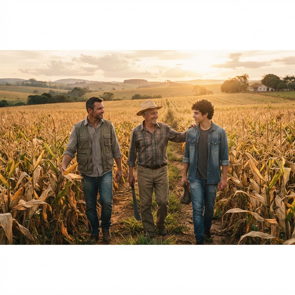 Três gerações de uma família do agronegócio caminhando juntas por uma lavoura de milho madura ao entardecer, representando continuidade e sucessão rural