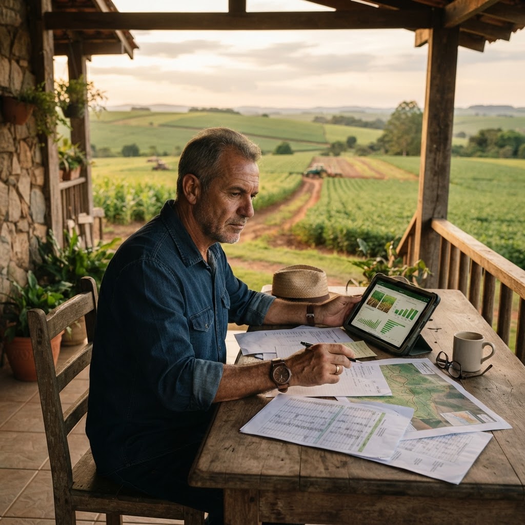 Produtor rural analisando documentos e tablet em uma mesa na varanda da fazenda, avaliando a estrutura da operação