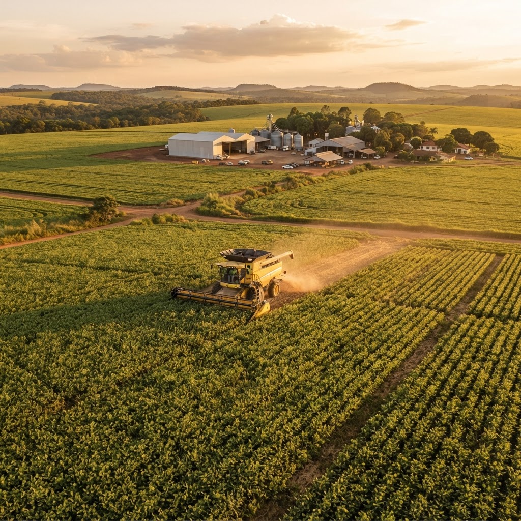 Lavoura de soja no Brasil ao entardecer com colheitadeira e galpões ao fundo, representando o crescimento da fazenda