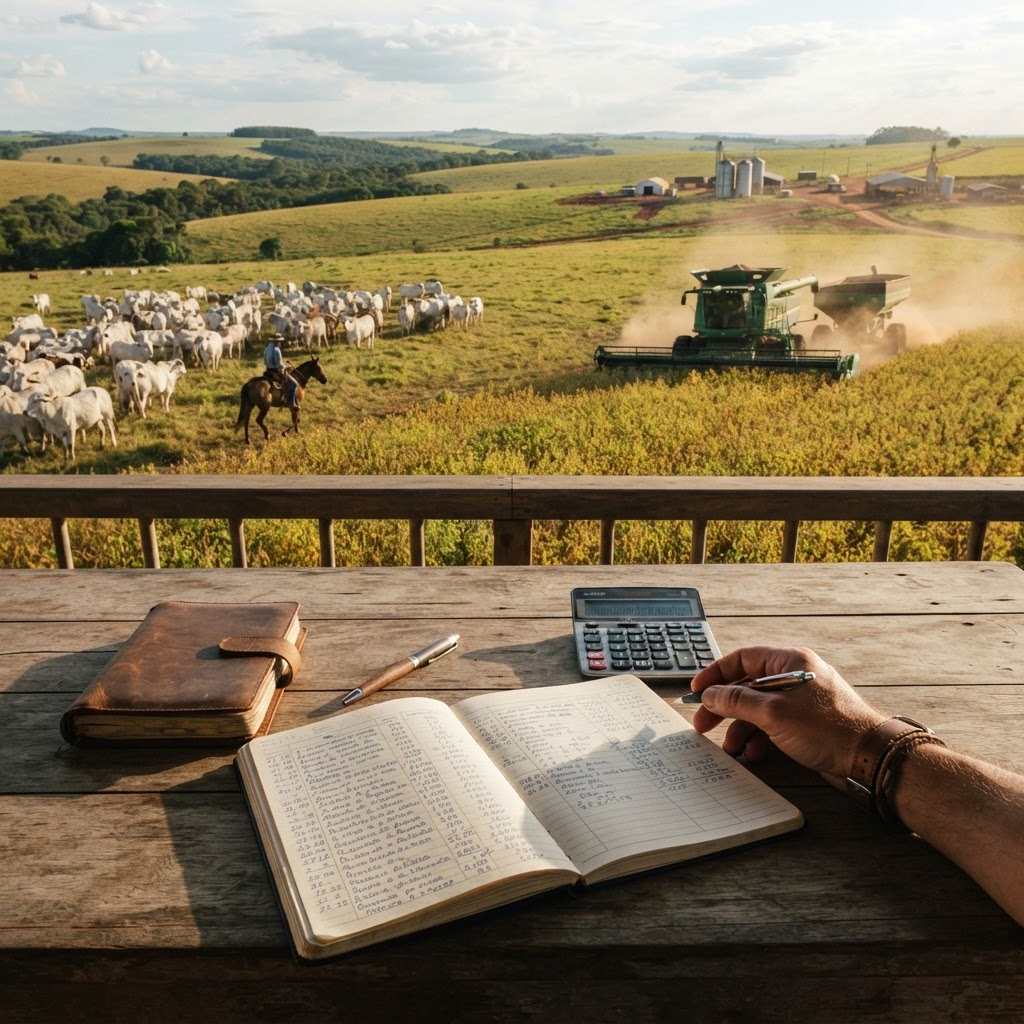 Pecuária e colheita de grãos em fazenda brasileira com caderno e calculadora sobre mesa rústica, representando gestão financeira rural
