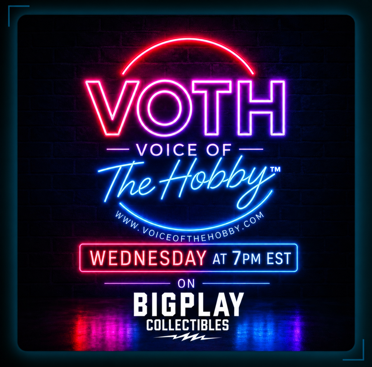 Voice of the Hobby neon main logo on a brick wall