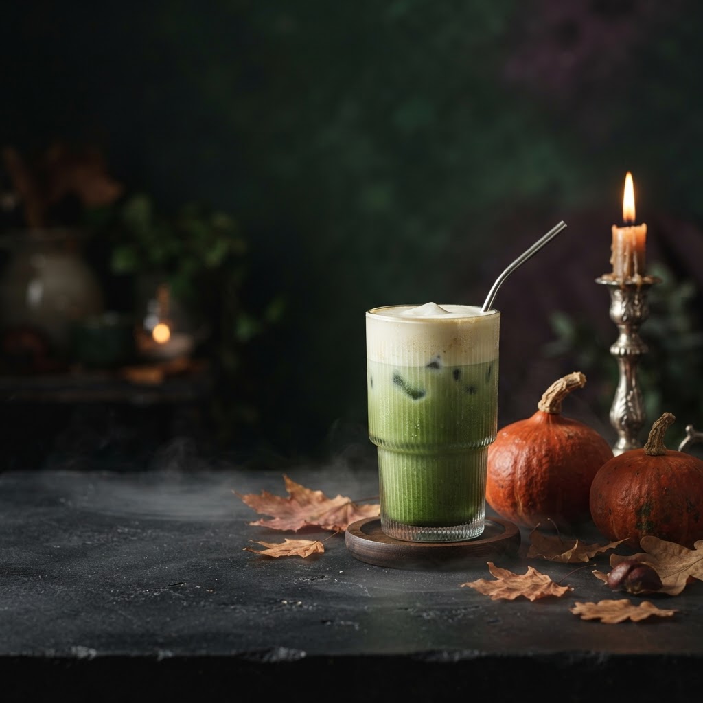 Matcha con cold foam, calabazas y velas en una escena de Halloween