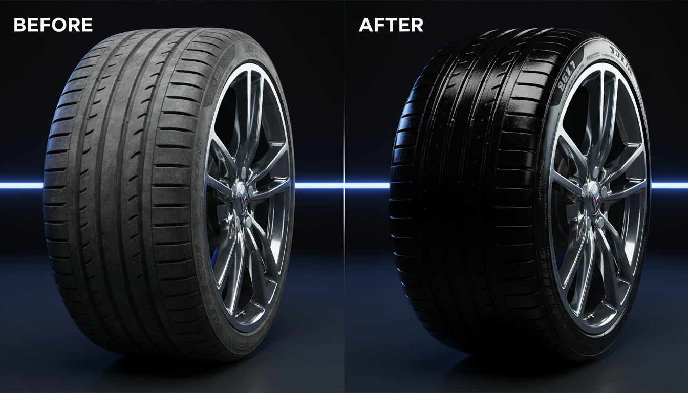 After professional tire polishing deep black gloss Abu Dhabi