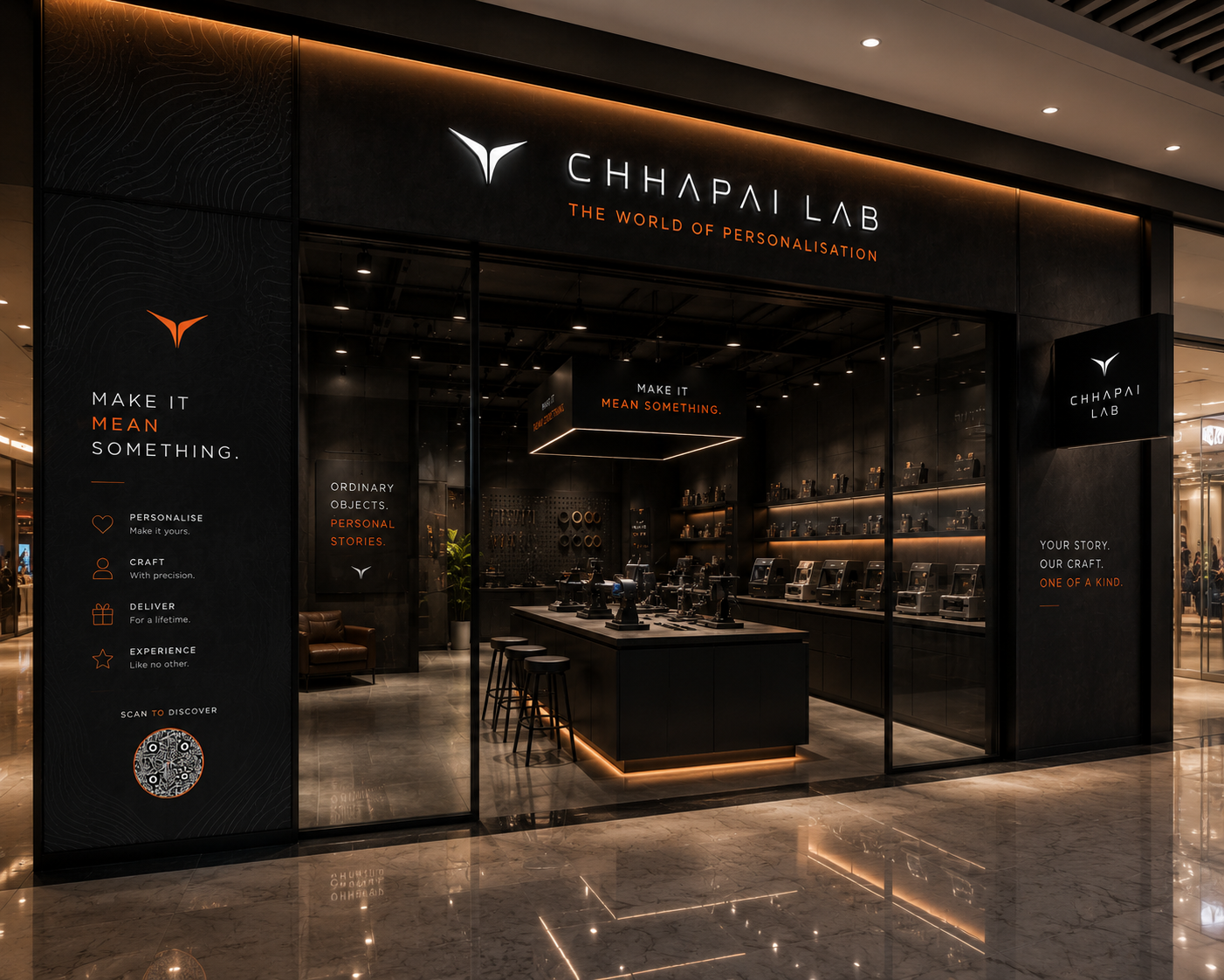 The Chhapai Lab storefront, a dark minimalist personalisation studio with warm orange ambient lighting