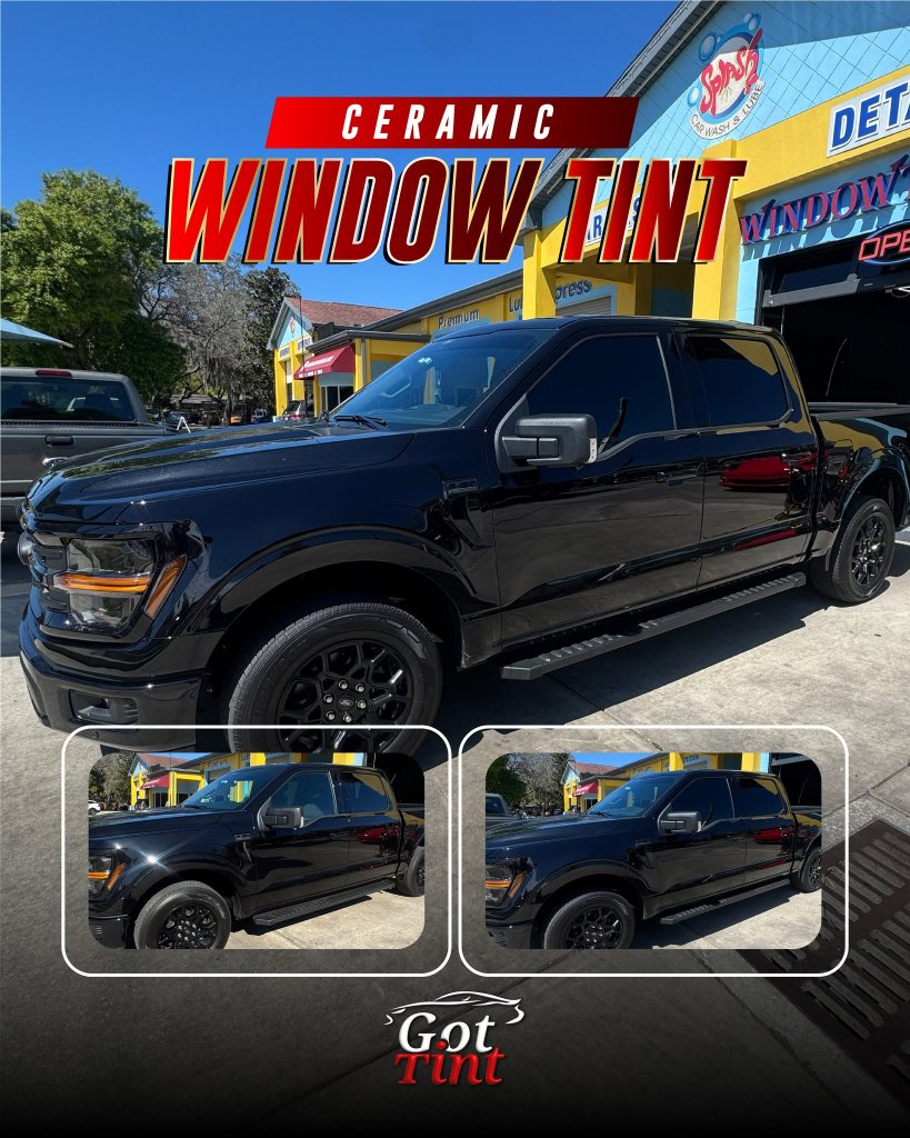Black Ford F-150 before and after ceramic window tint