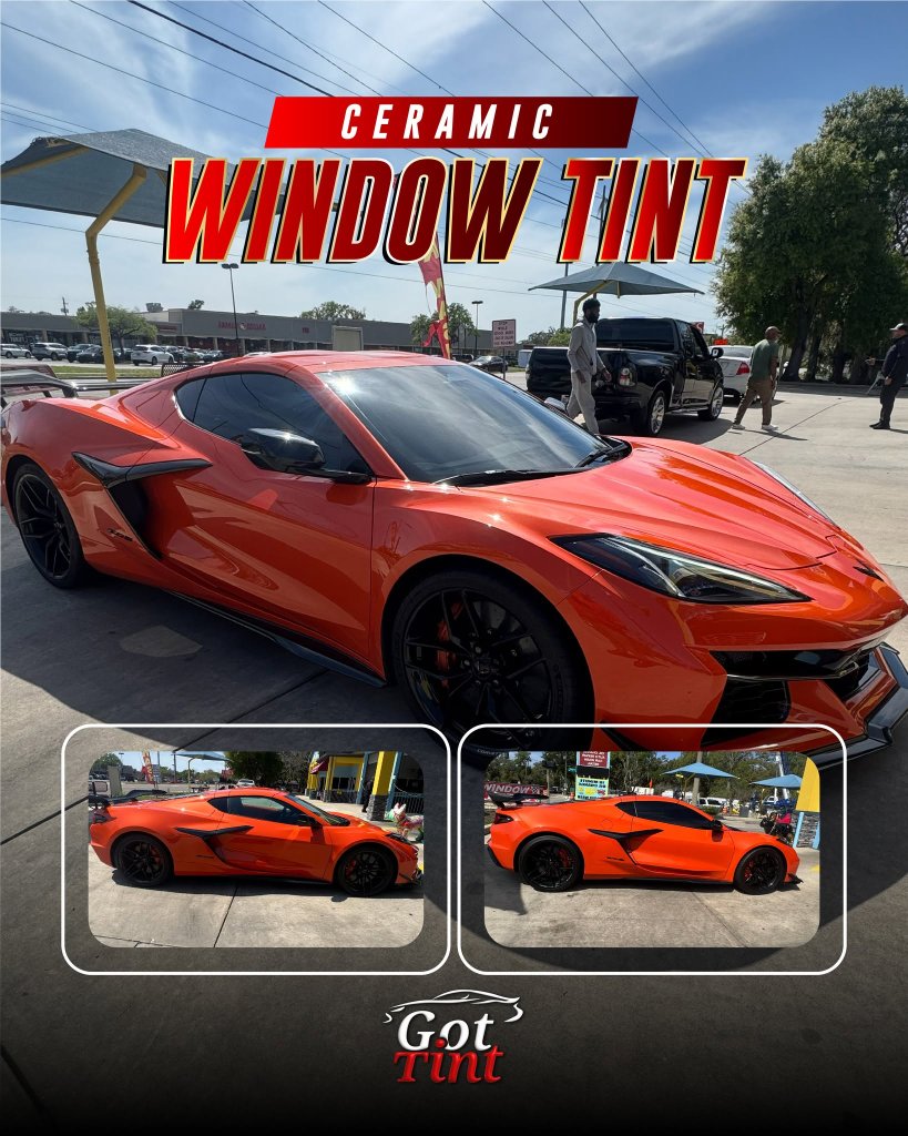Orange Chevrolet Corvette before and after ceramic window tint