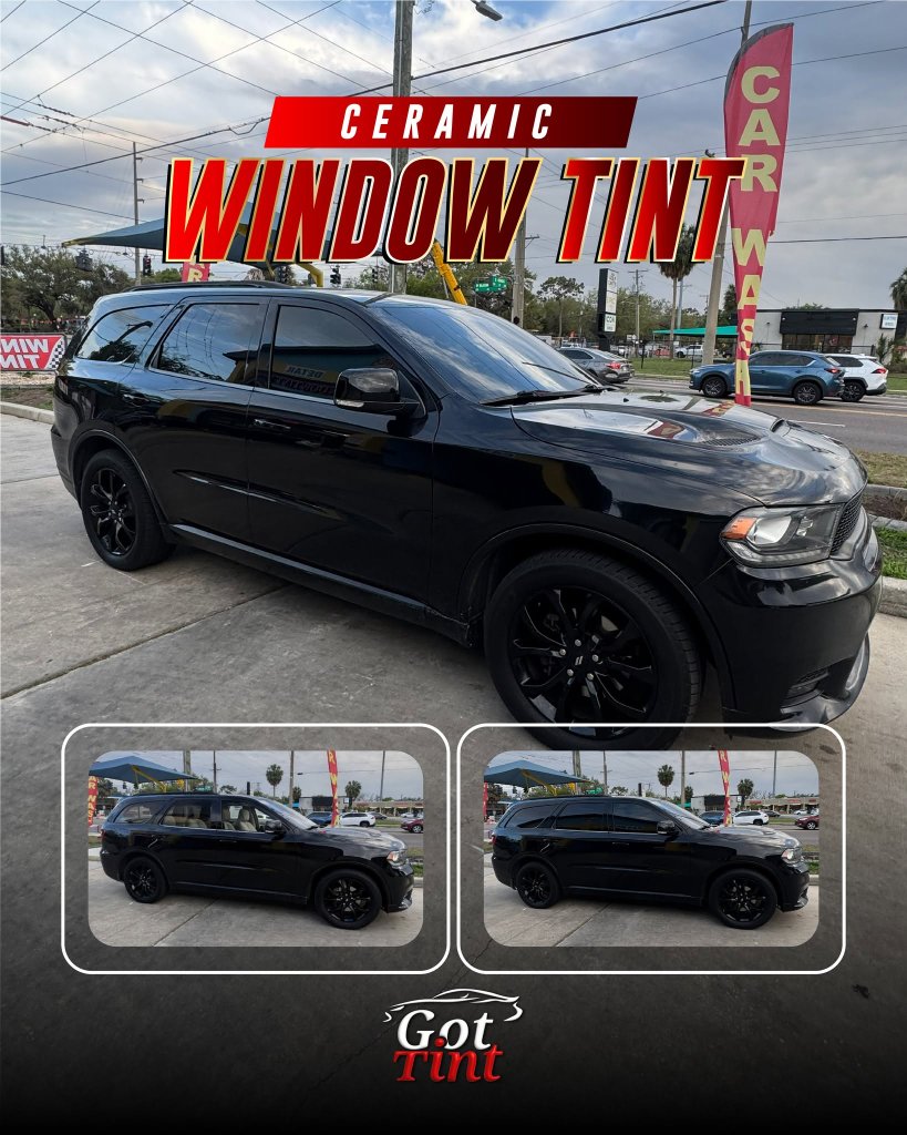 Black Dodge Durango before and after ceramic window tint