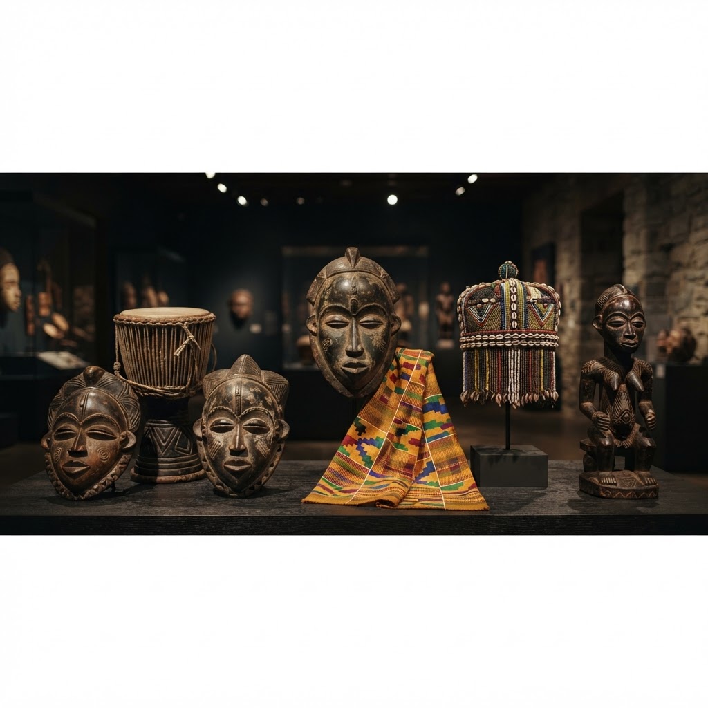 African cultural icons — masks, drum, kente, beaded crown