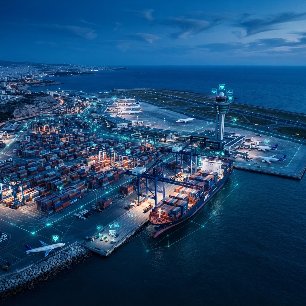 Seaport and airport with health monitoring network