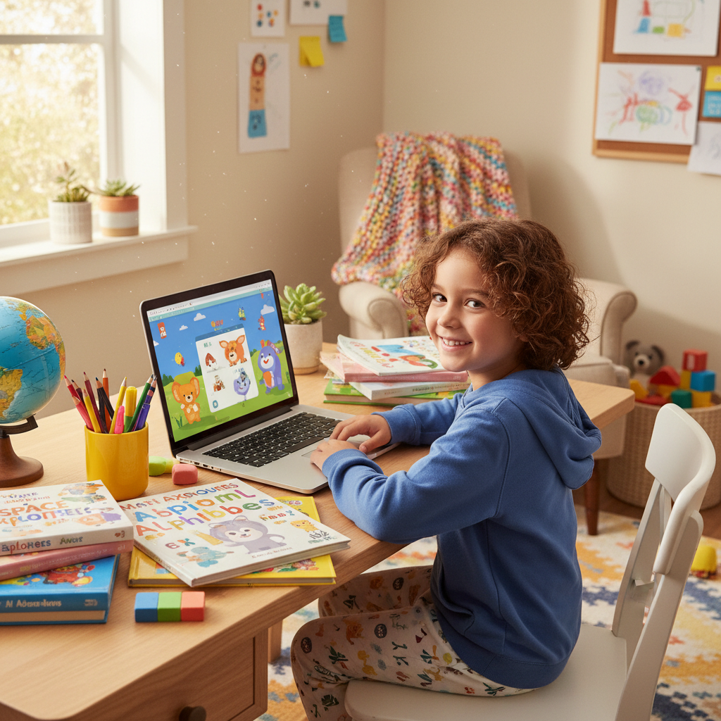 Happy child learning online with Mindaro Academy