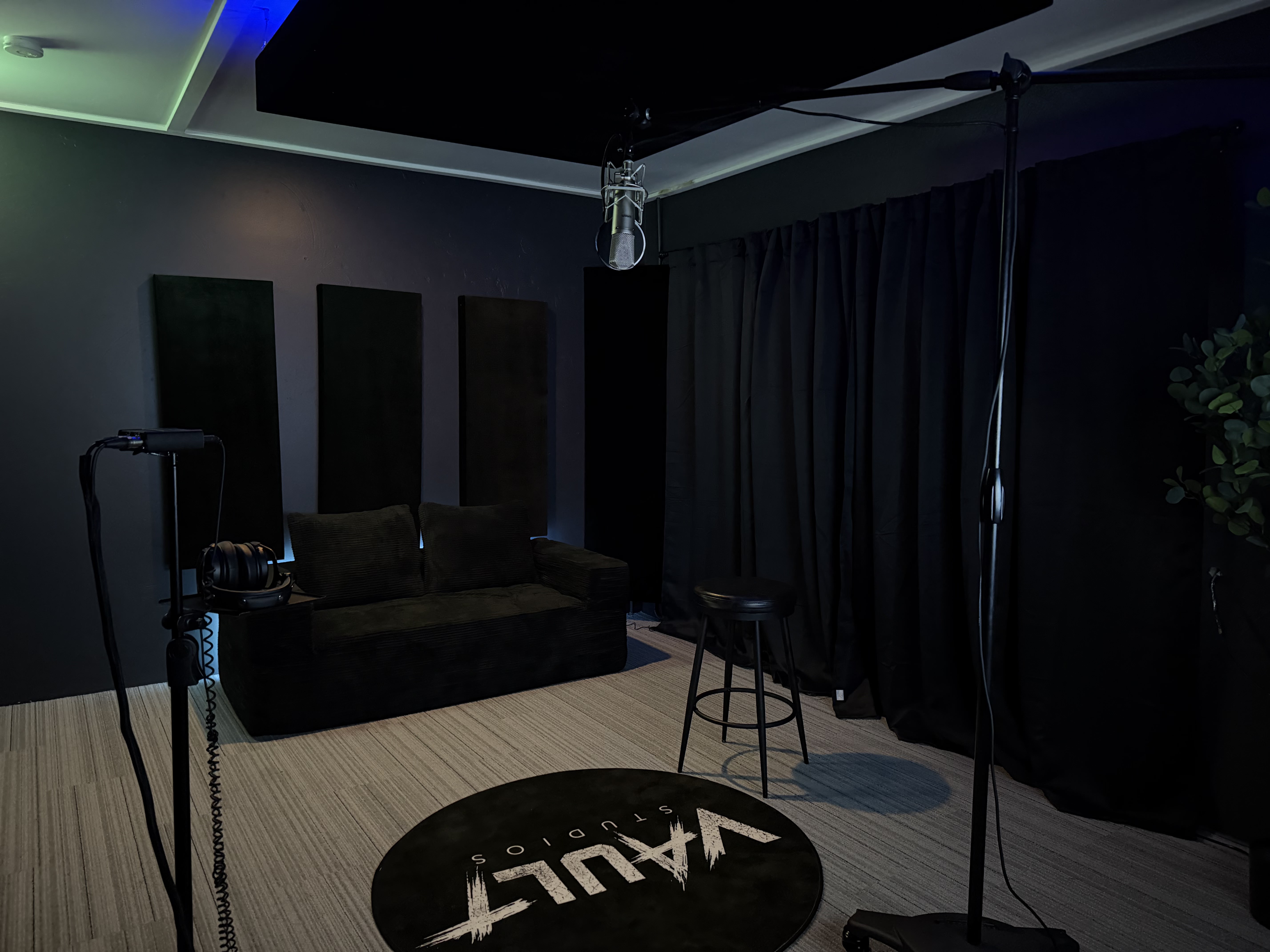 Recording booth angled view with acoustic panels