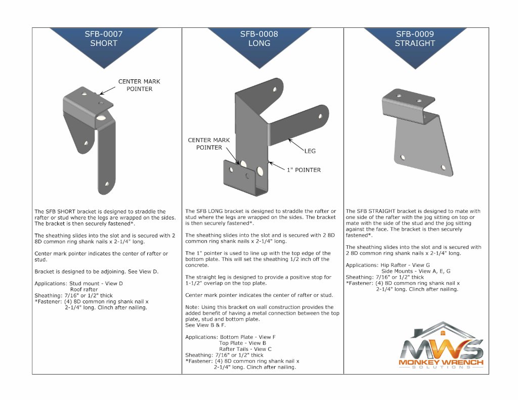 SFB System bracket models — SFB-0007 Short, SFB-0008 Long, SFB-0009 Straight