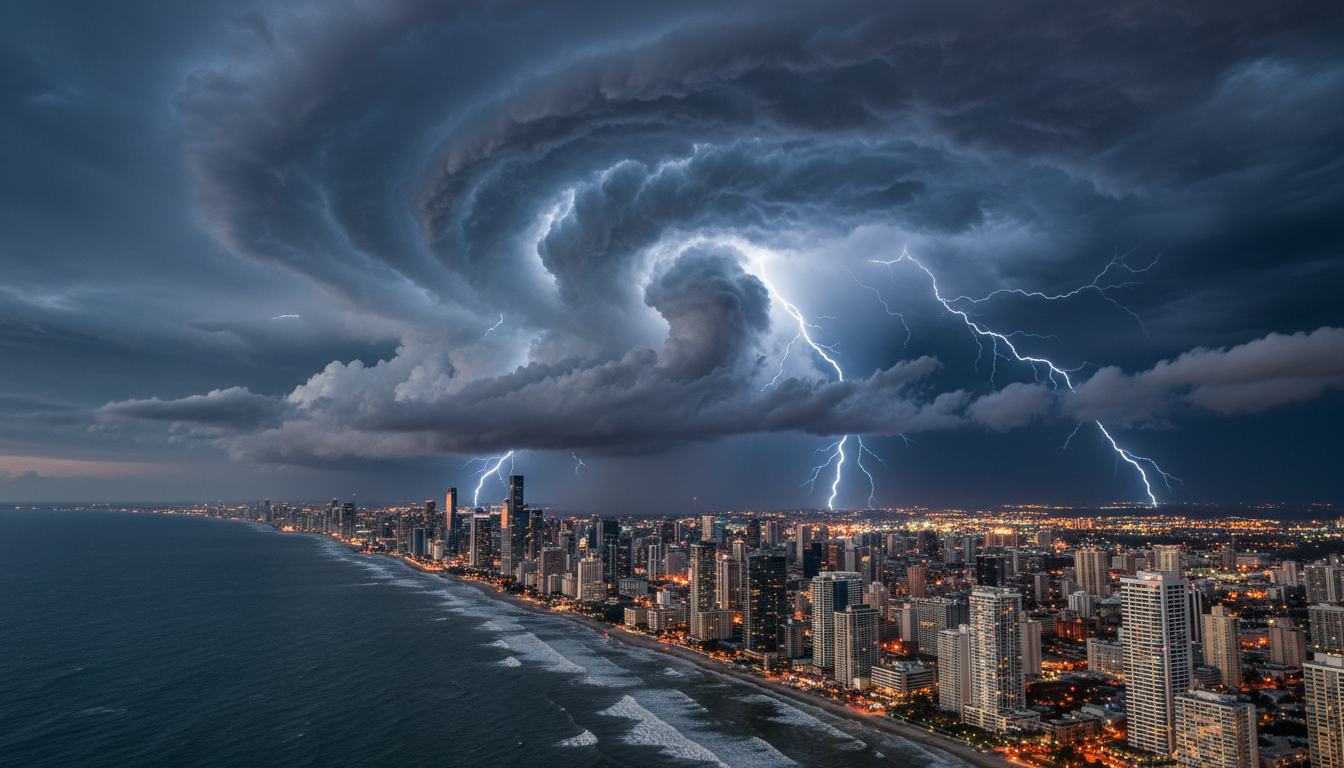 Hurricane storm system approaching a coastal area
