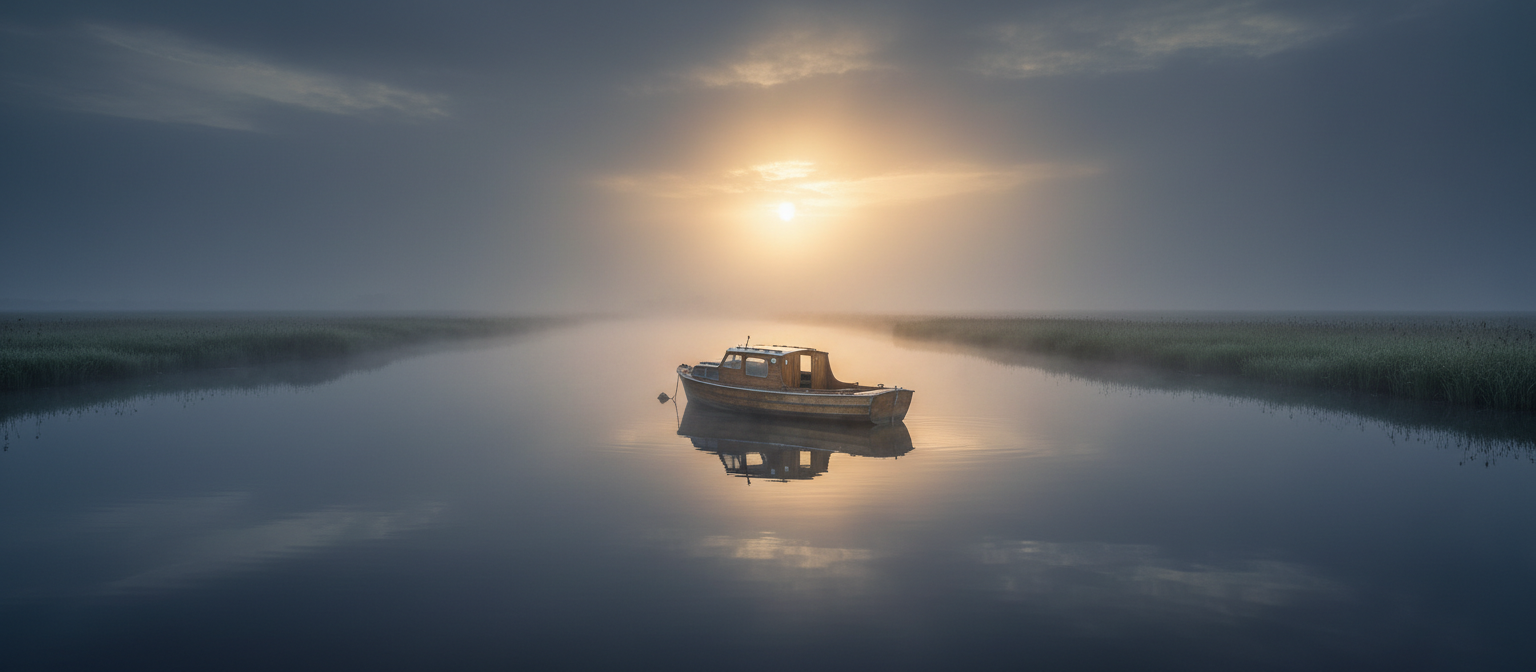 A lone wooden cruiser on Horsey Mere in the Norfolk Broads at misty dawn