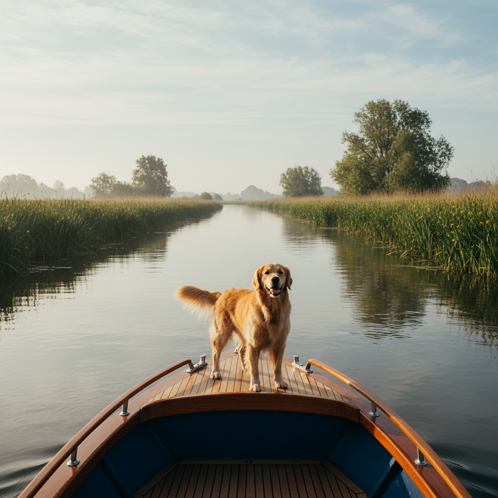 A happy dog standing at the bow of a small cruiser on a calm Norfolk Broads river