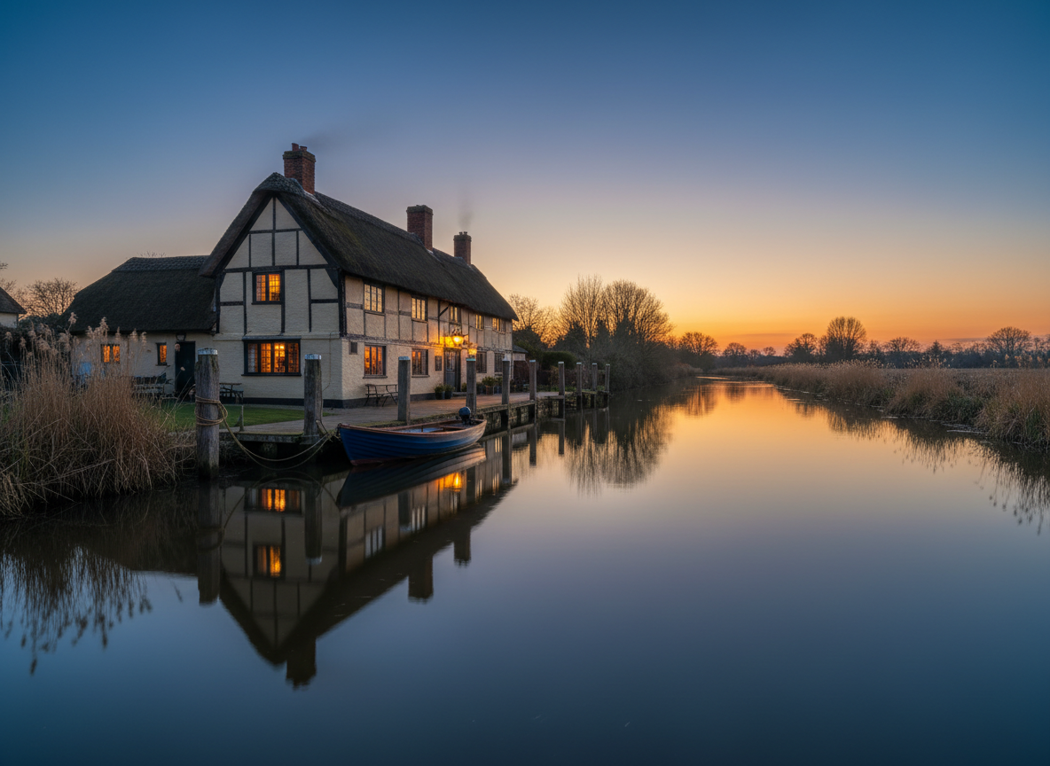A cosy riverside pub on the Norfolk Broads at golden hour seen from the water