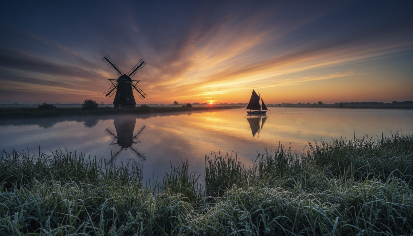 A Norfolk Broads windmill at golden-hour sunset