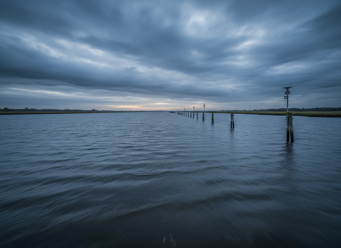 Breydon Water at blue hour, an open tidal expanse with channel markers