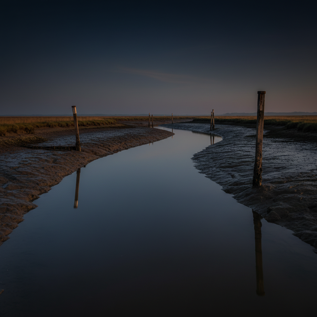 A tidal Norfolk Broads river at blue hour with exposed banks and channel marker posts on a falling tide