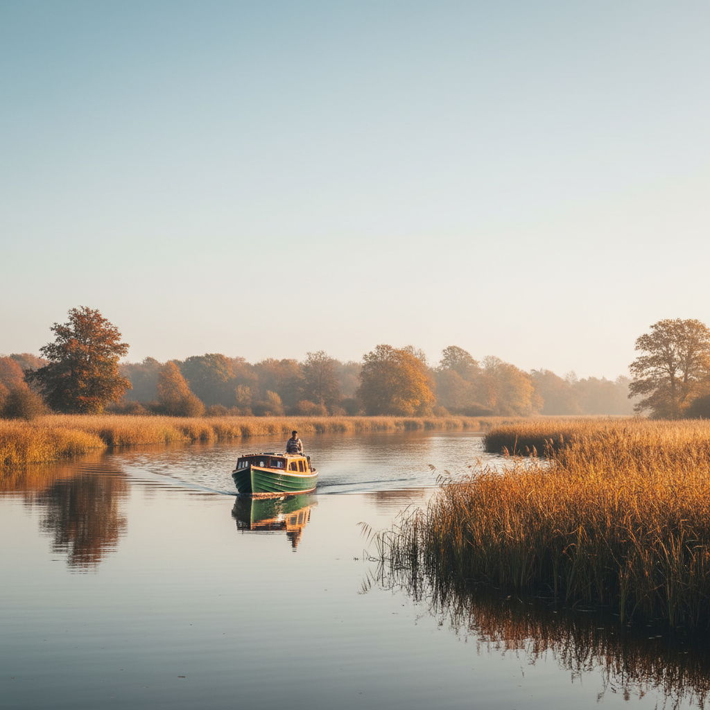 A single cruiser on calm Norfolk Broads water beside golden autumn reed beds