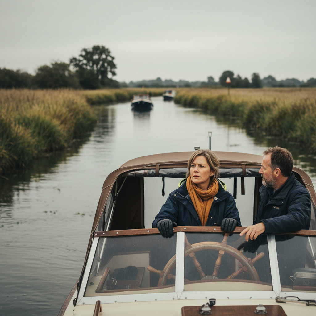 A first-time boater learning to steer a cruiser on a calm sheltered Norfolk Broads river