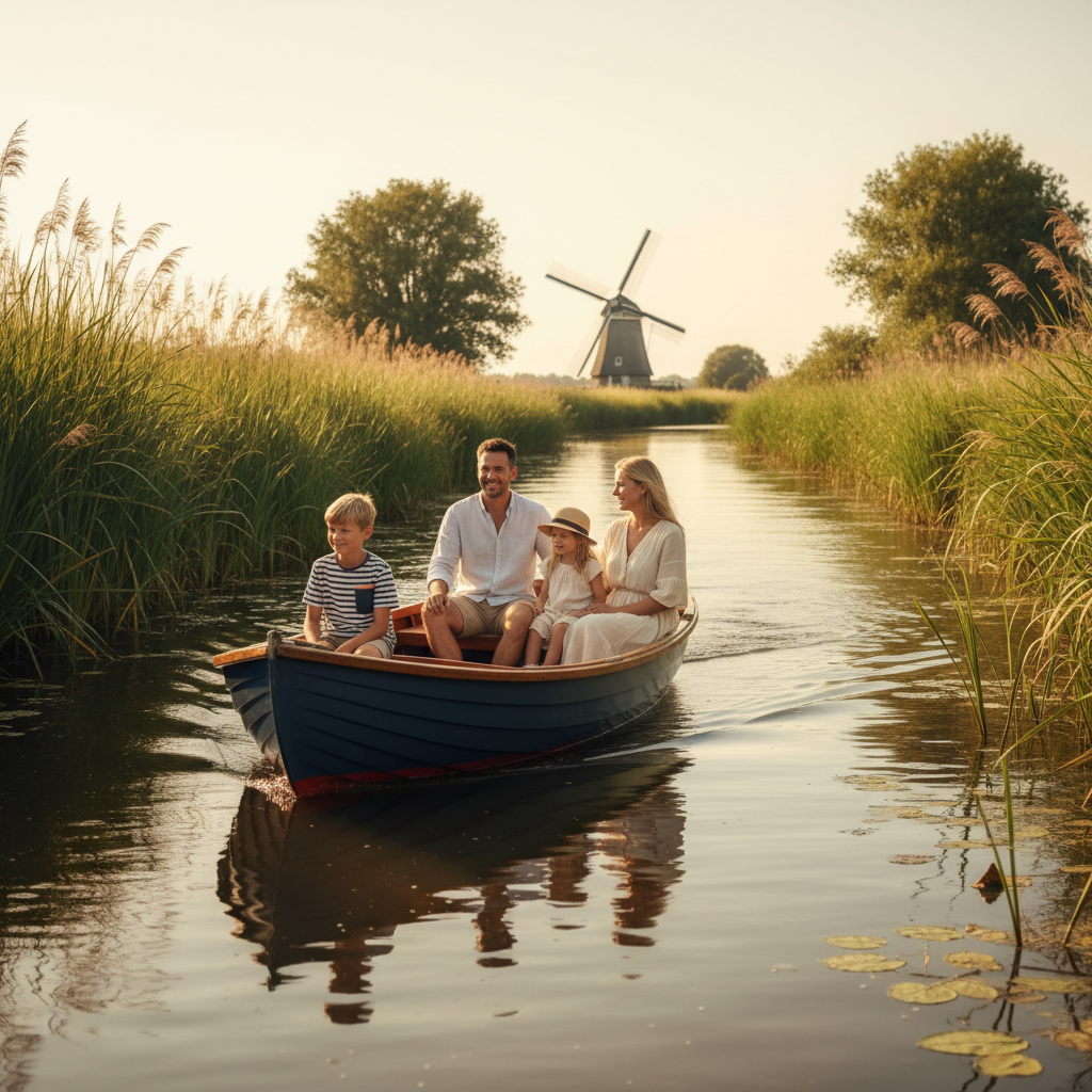 A young family with two children cruising a Norfolk Broads day boat in summer sunshine