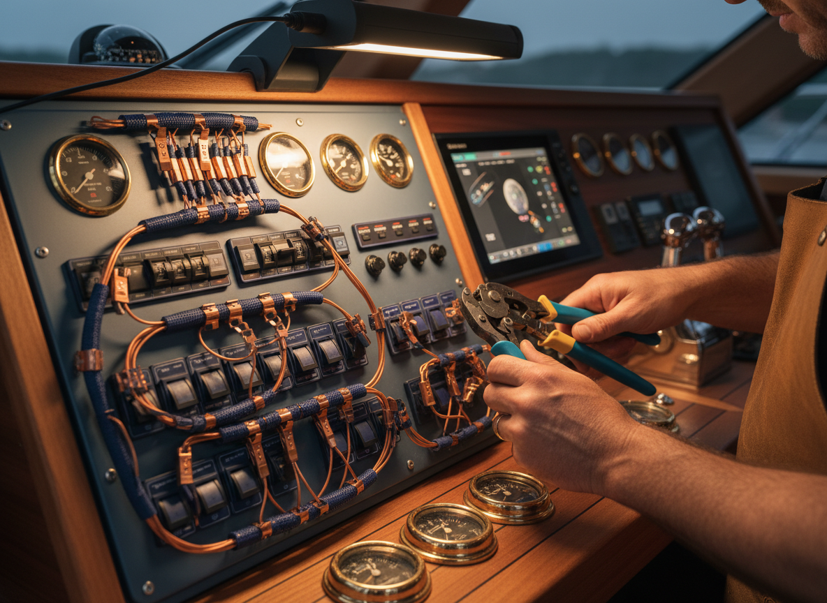 A marine electrician working on a boat's electrical panel with copper wiring
