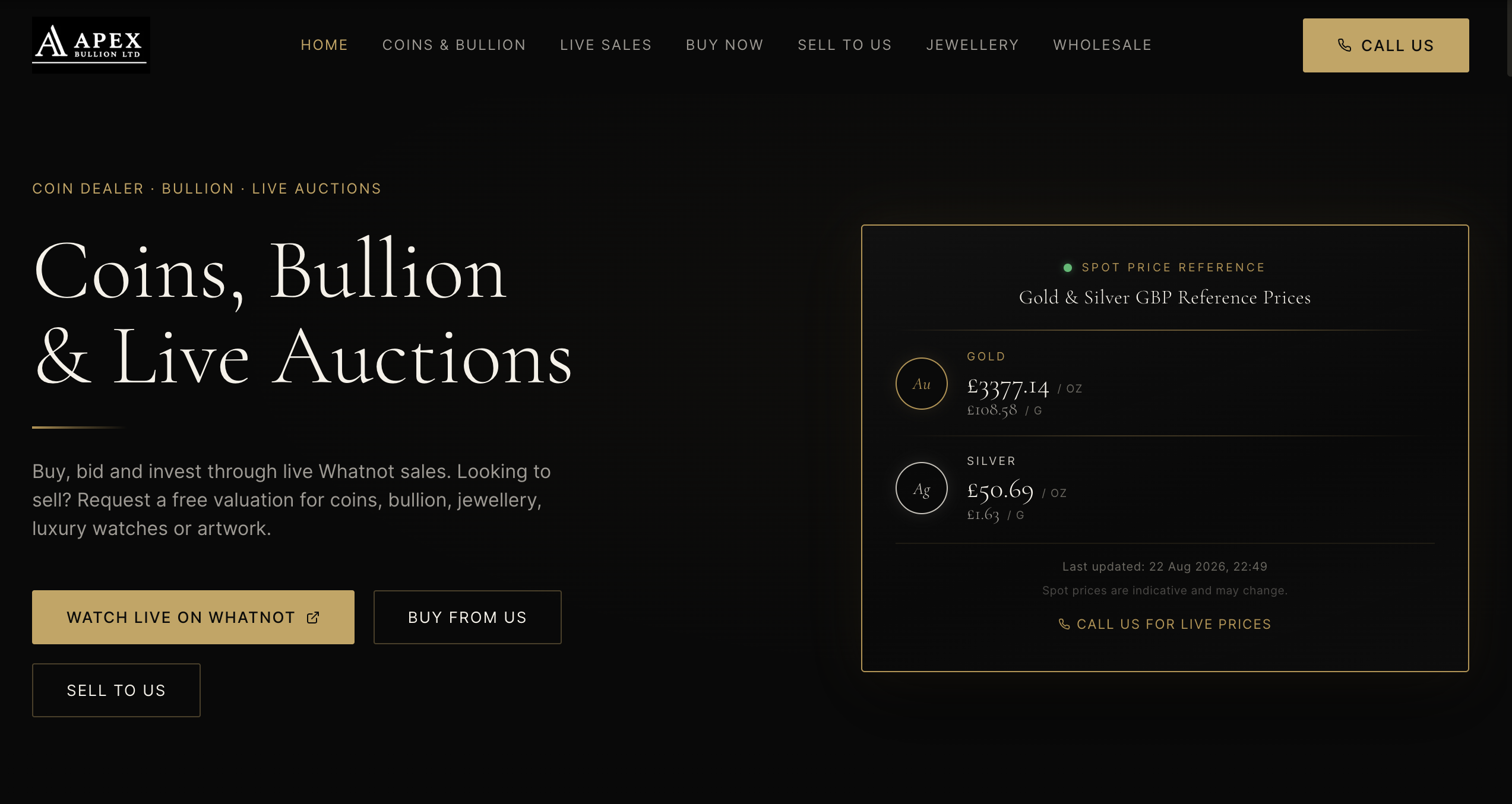 Apex Bullion LTD header and hero section