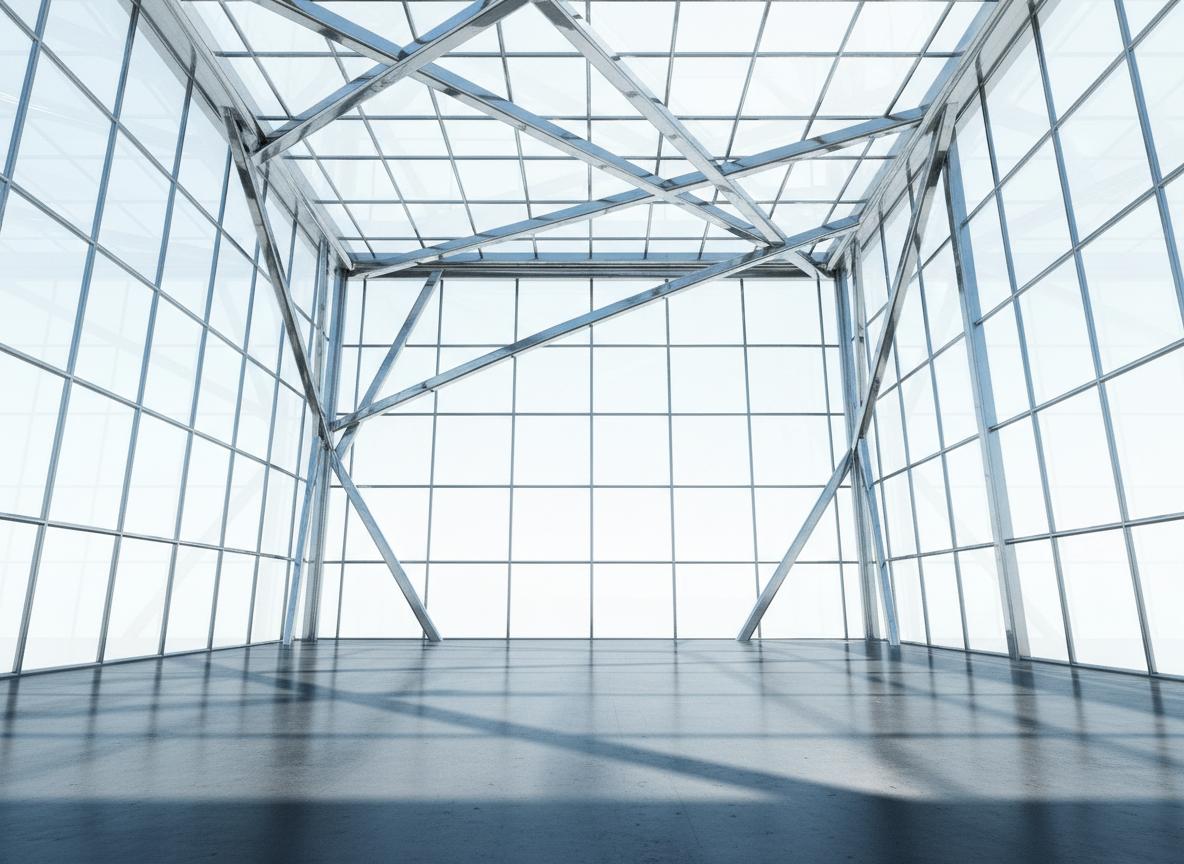 Modern office atrium with glass panels