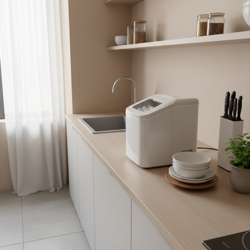 Compact small ice maker on a tiny kitchen counter fitting perfectly beside appliances