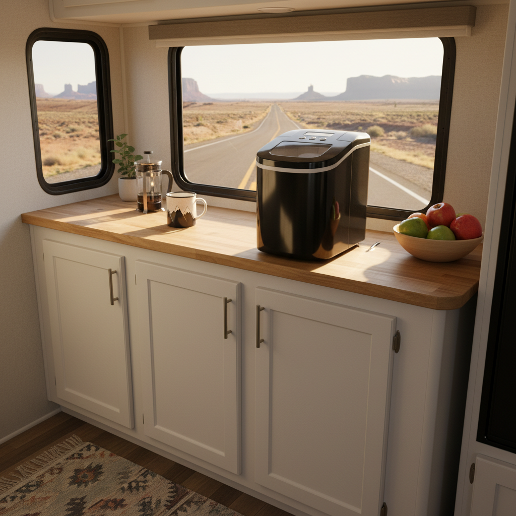 Ice maker inside RV kitchen on road trip