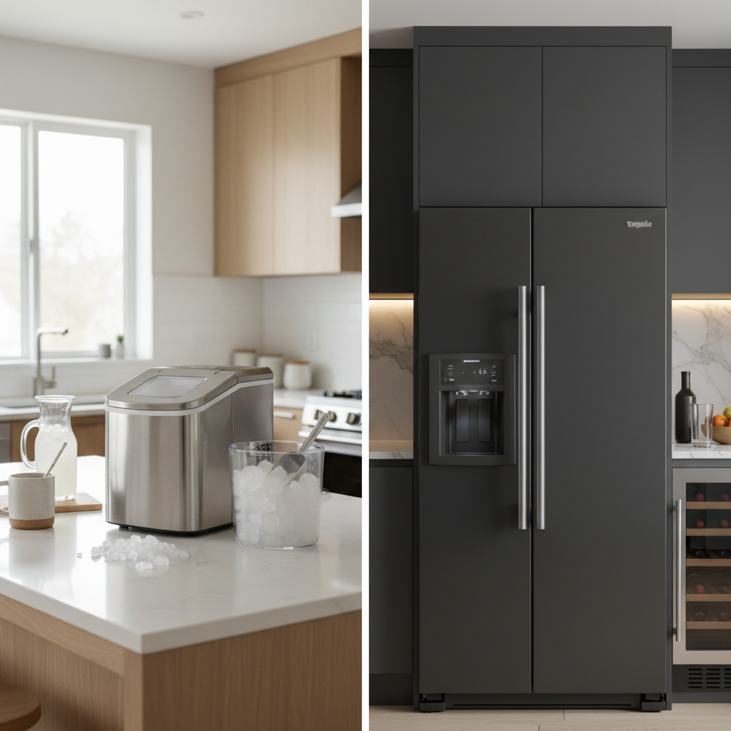 Side-by-side comparison of countertop ice maker versus built-in refrigerator ice maker