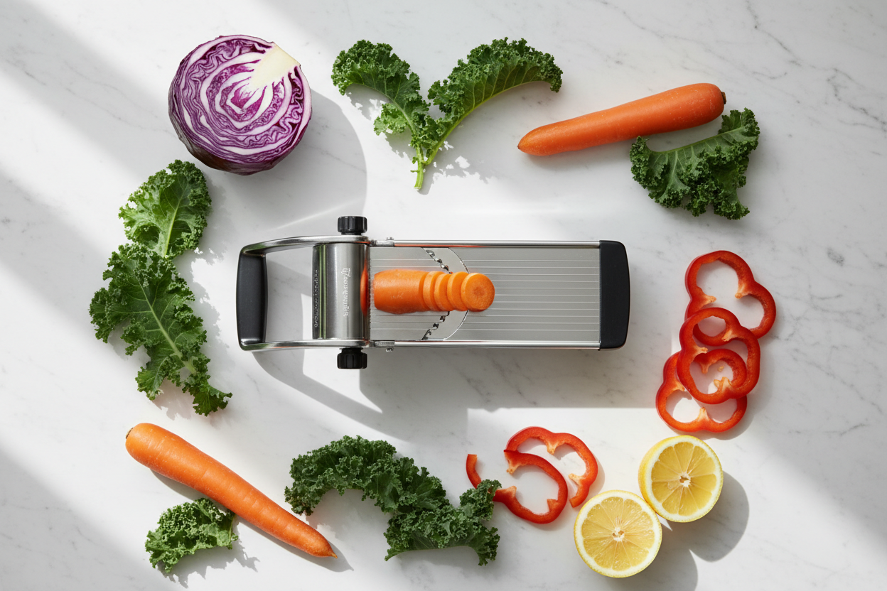Healthy meal preparation with fresh colorful vegetables and modern kitchen tools on a marble countertop