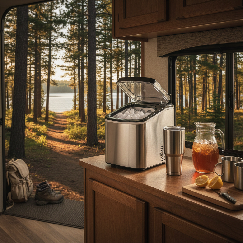 Compact portable ice maker on RV camper kitchen counter with forest view through window