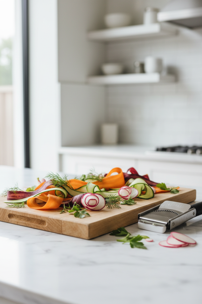 Freshly sliced colorful vegetables on wooden cutting board