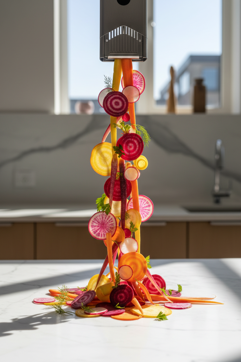 Colorful rainbow of freshly sliced vegetables on white marble