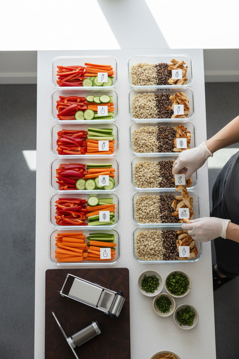 Organized meal prep containers with perfectly sliced vegetables