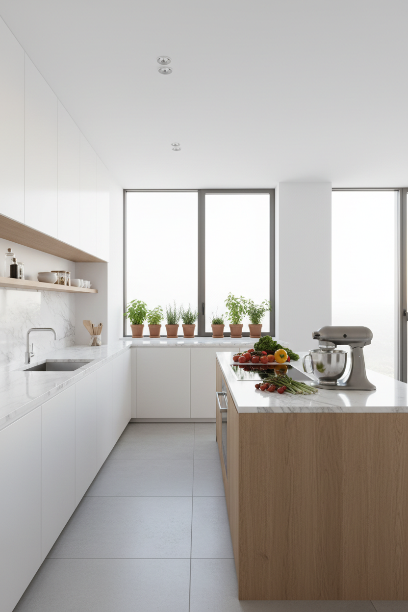 Modern minimalist kitchen interior with natural light and plants