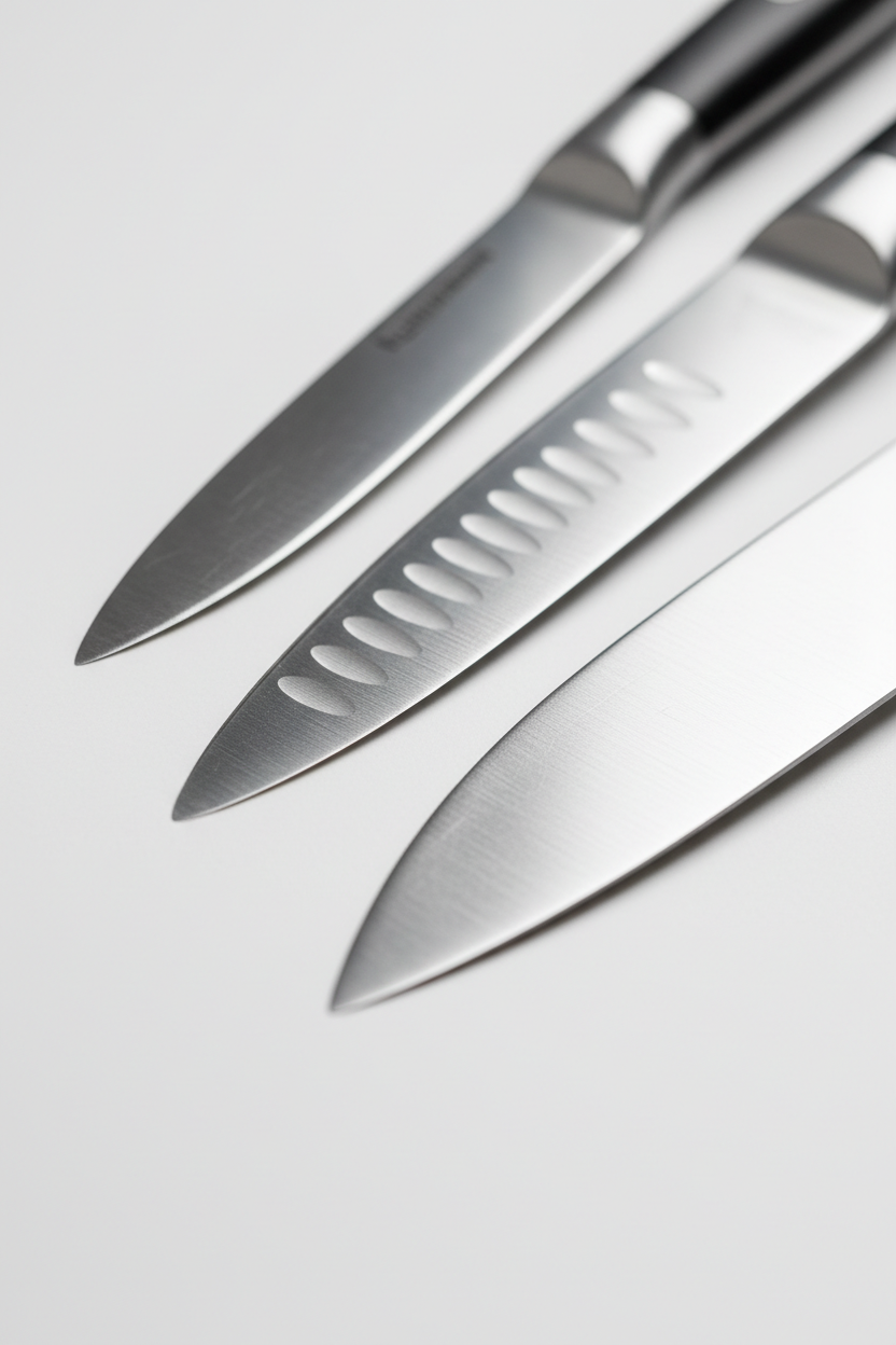 Close-up macro detail of precision stainless steel kitchen tool blades