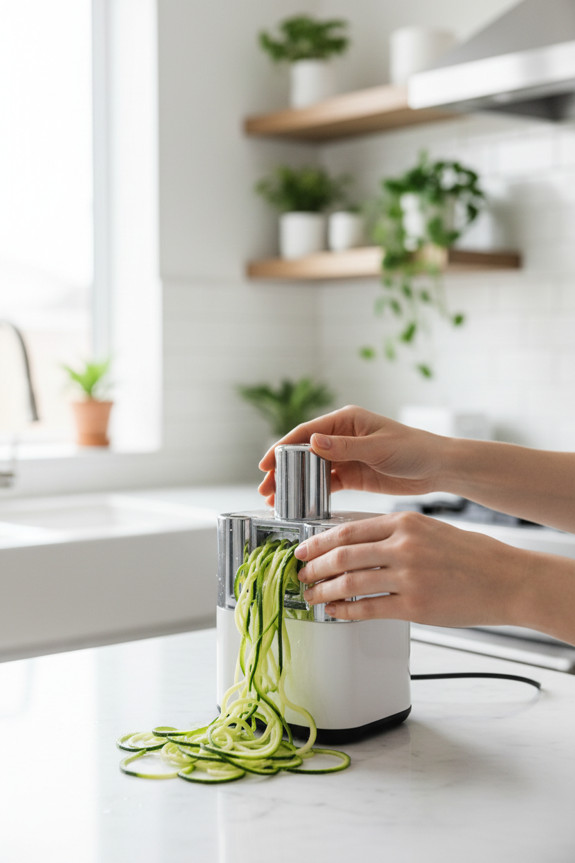 Using a modern kitchen spiralizer to create zucchini noodles