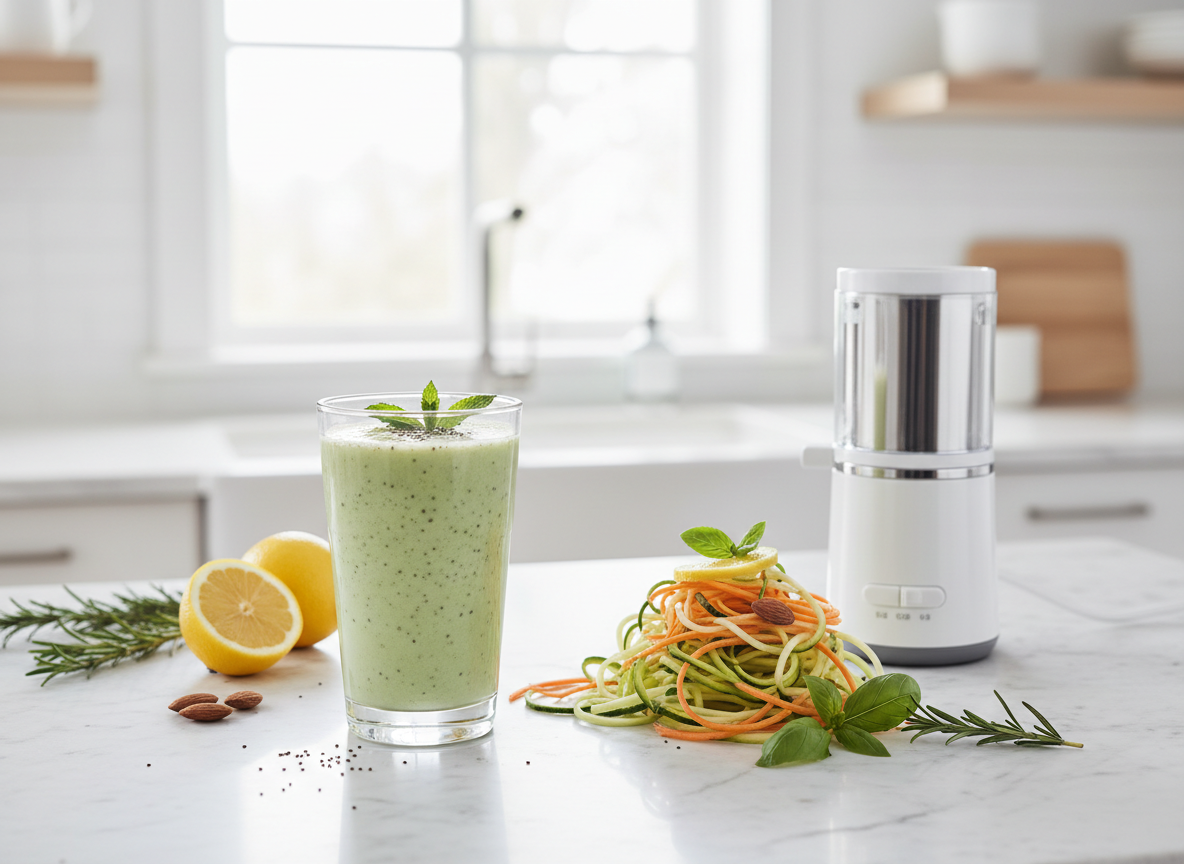 Healthy lifestyle with green smoothie and spiralized vegetables on marble surface
