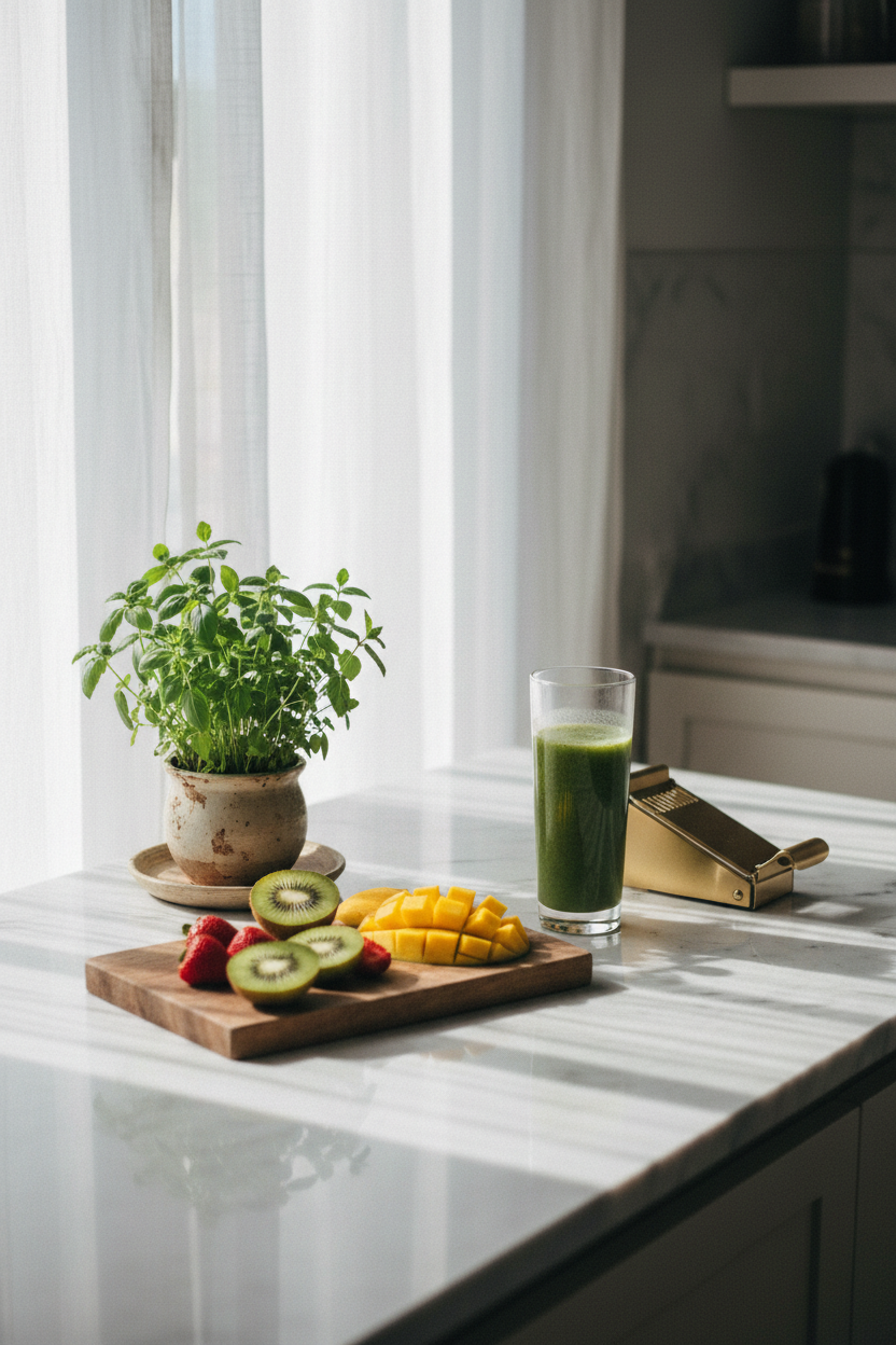 Morning kitchen scene with fresh fruits and green smoothie