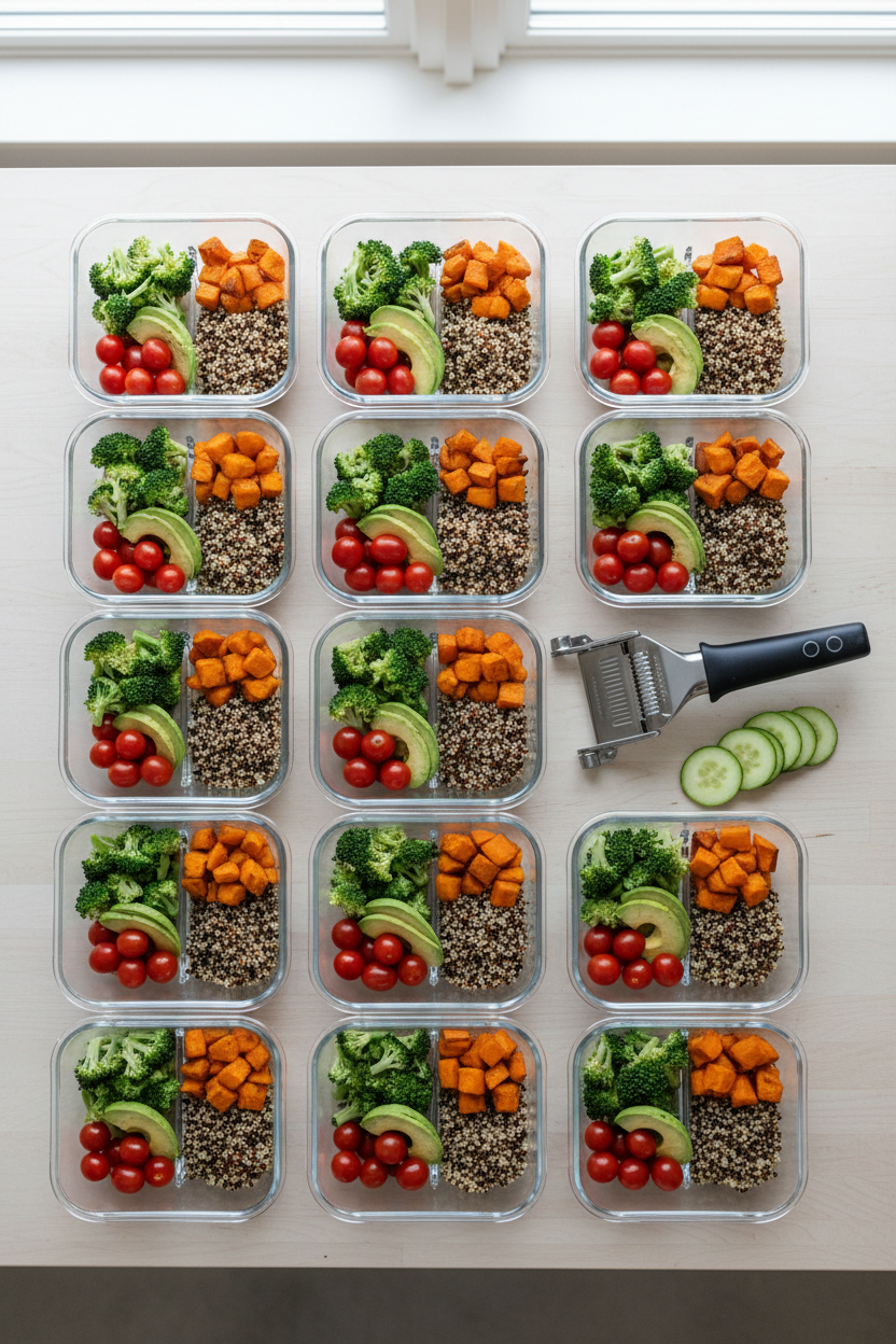 Healthy meal prep containers with colorful chopped vegetables