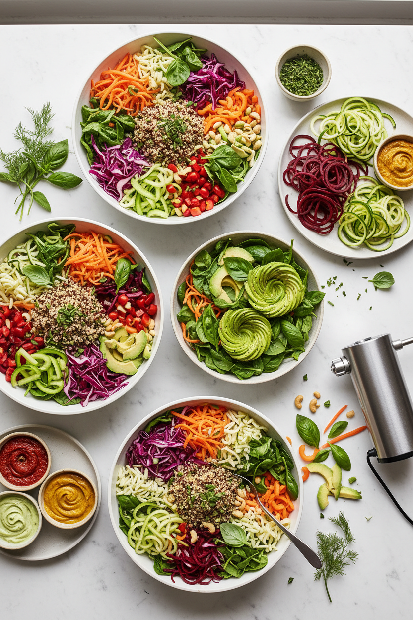 Colorful vegan meal spread with spiralized vegetables and fresh herbs