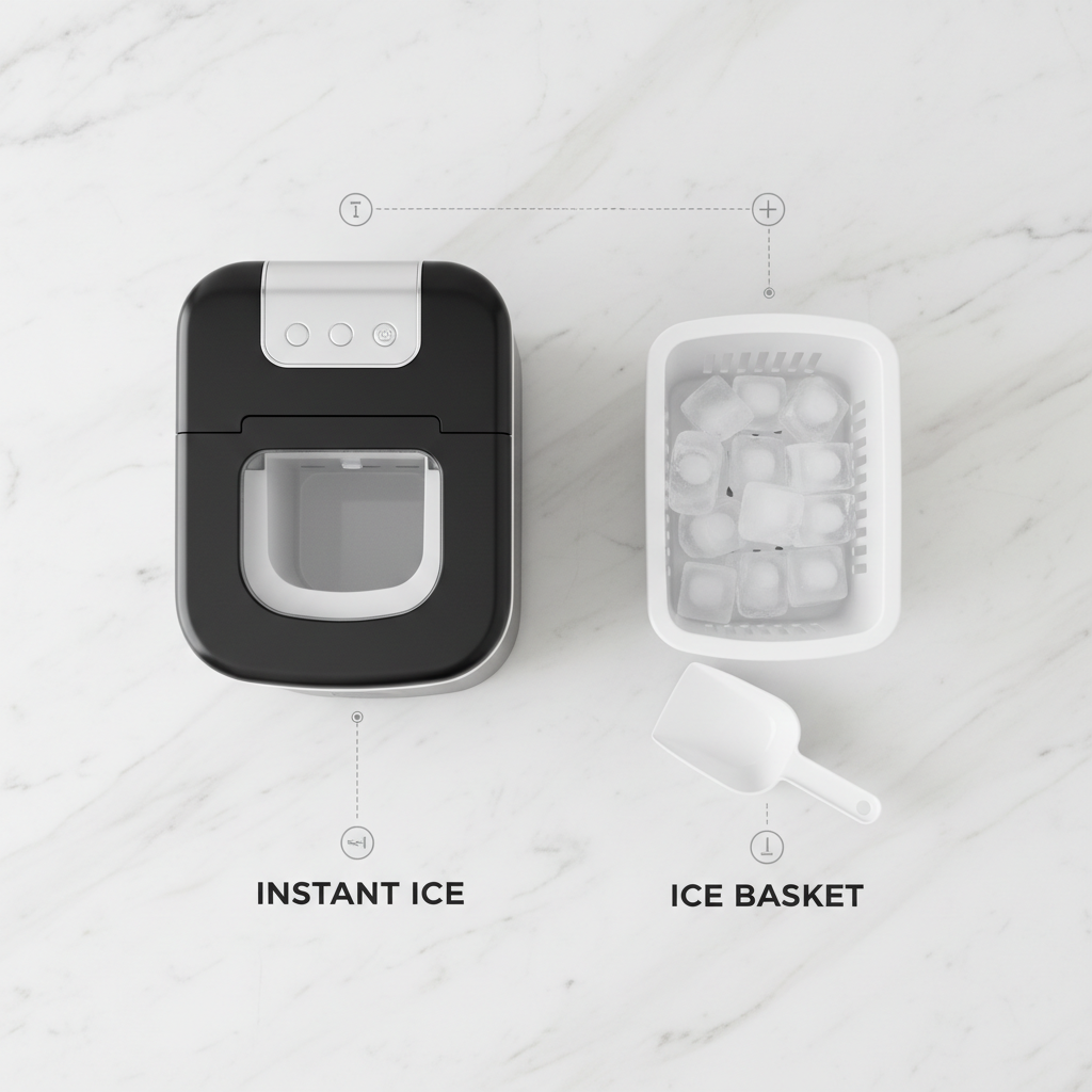 EUHOMY ice maker accessories flatlay with basket and scoop