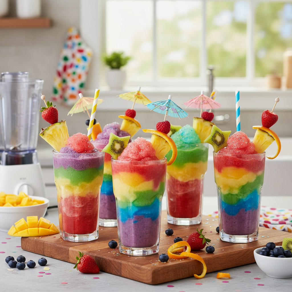 Colorful kids slush recipes in bright cups